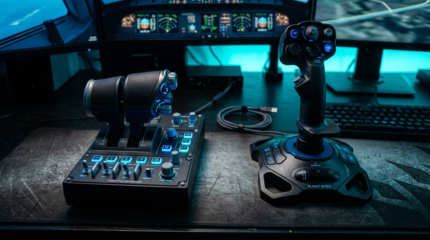 Thrustmaster and Logitech HOTAS flight stick controllers